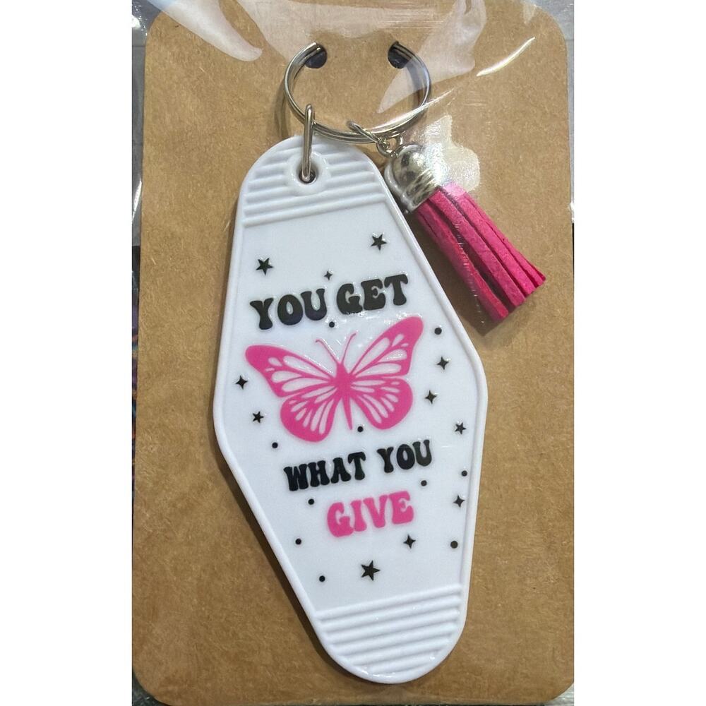 You Get What You Give White & Pink Tassel Vintage Hotel Motel Keychain Handmade